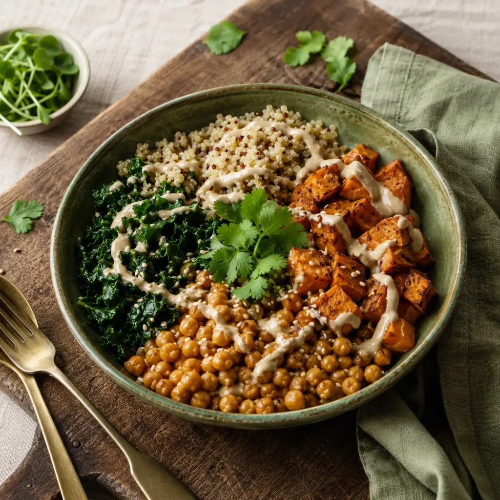 Vegan Buddha bowl with roasted chickpeas, quinoa, sweet potato, kale, and tahini drizzle in sage-green ceramic bowl