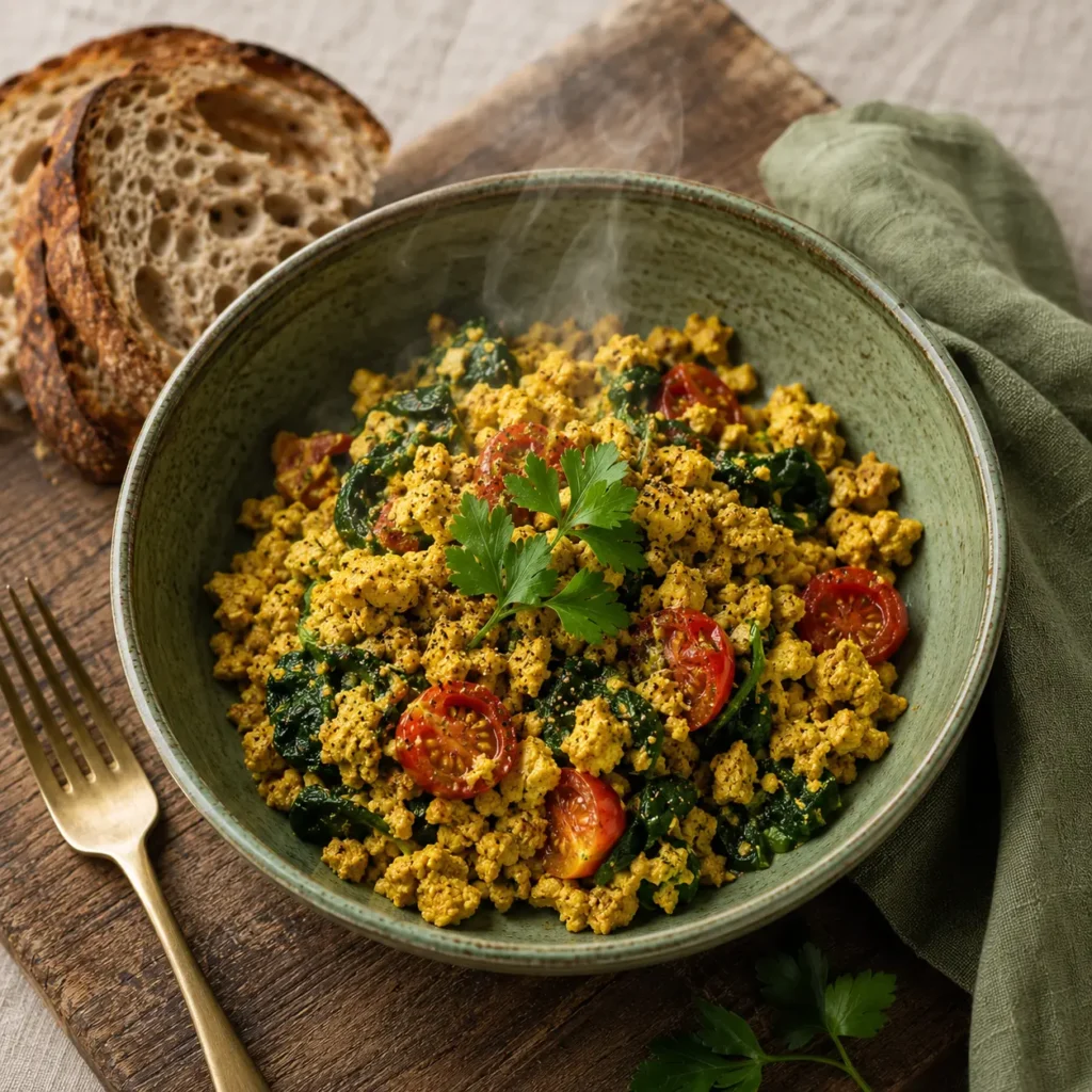 Vegan tofu scramble with turmeric, spinach, cherry tomatoes and toast in sage-green ceramic bowl
