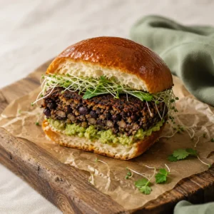 Vegan black bean burger with avocado and sprouts on toasted bun, cross-section visible