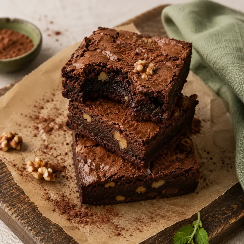 Stack of fudgy vegan brownies with walnuts and crackly top on parchment paper