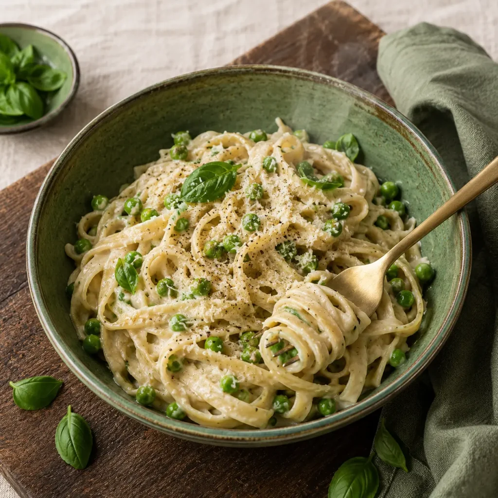 Vegan cashew alfredo pasta with peas and basil in sage-green ceramic bowl
