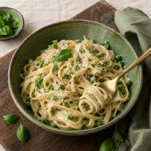 Vegan cashew alfredo pasta with peas and basil in sage-green ceramic bowl