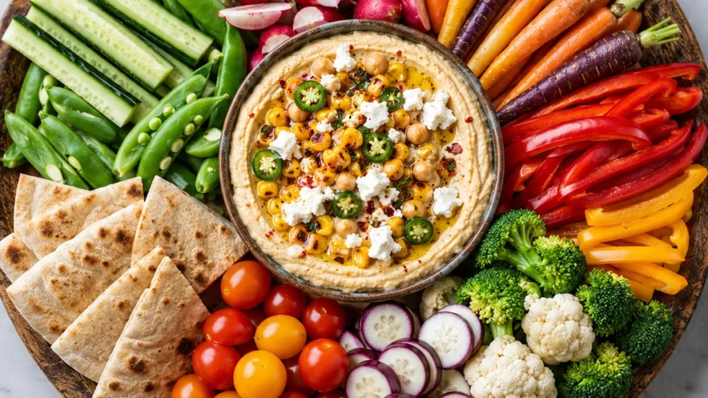 Vibrant Veggie Board with Hummus & Goat Cheese - Discover the ultimate Veggie Board recipe! Featuring zesty corn jalapeño hummus and honey whipped goat cheese.