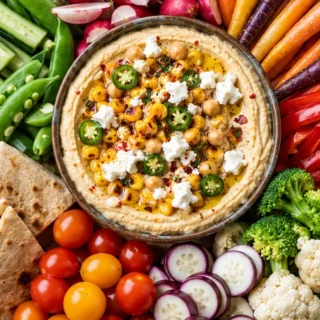 Vibrant Veggie Board with Hummus & Goat Cheese - Discover the ultimate Veggie Board recipe! Featuring zesty corn jalapeño hummus and honey whipped goat cheese.