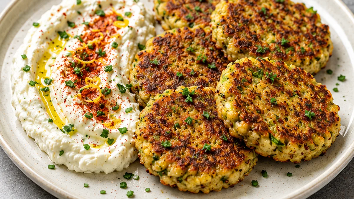 Zucchini Patties with Whipped Feta! - zucchini burgers - Zucchini burgers: Make these flavorful patties with creamy garlic whipped feta in under 75 minutes. A p