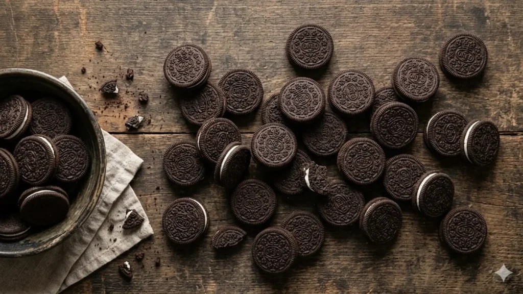 Oreos are vegan, beautifully styled overhead food photograph