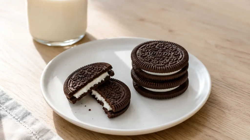 Classic chocolate sandwich cookie broken open showing white creme filling between two embossed chocolate wafers on a ceramic plate beside a glass of plant milk.