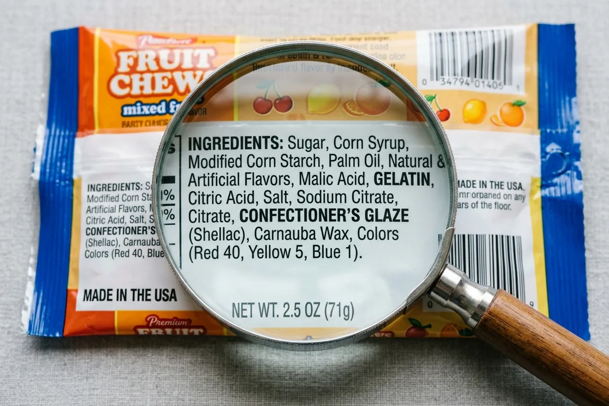 Close-up of a candy ingredient label highlighting gelatin and confectioner glaze