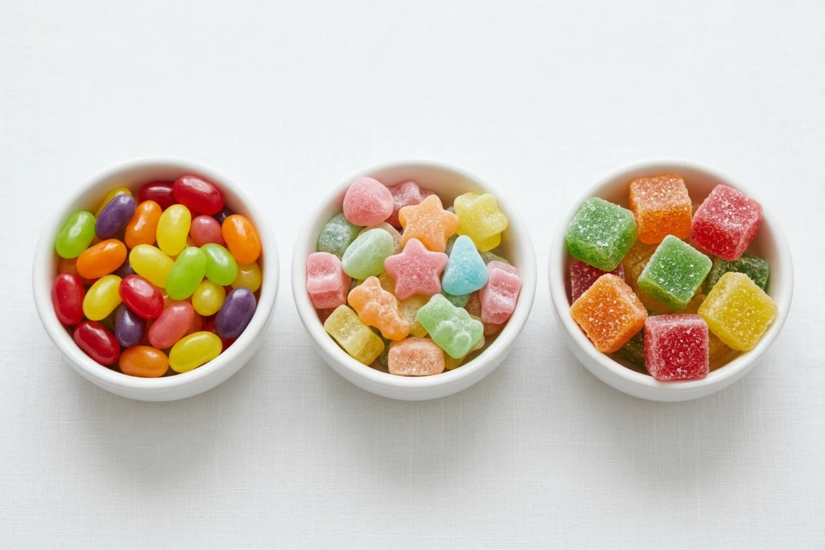 Chewy candy squares, glossy jelly beans and gummies arranged to compare varieties
