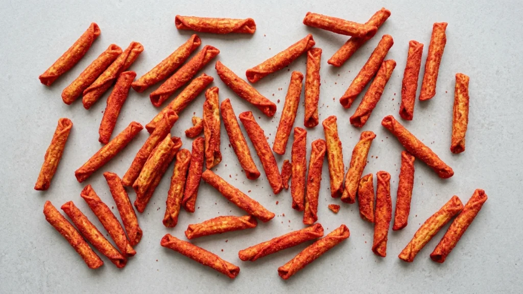 Takis vegan, beautifully styled overhead food photograph