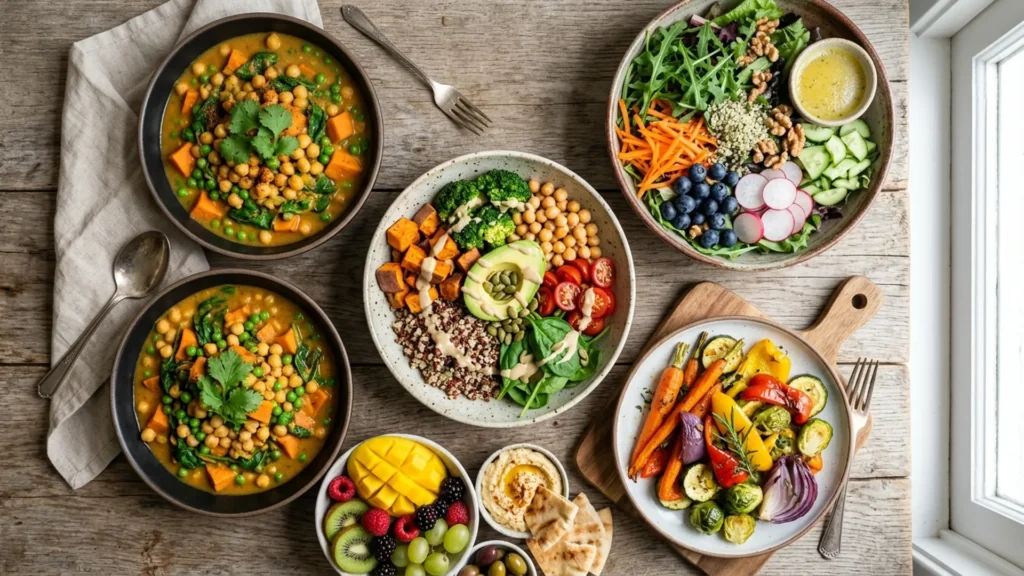 Vegans healthier, beautifully styled overhead food photograph
