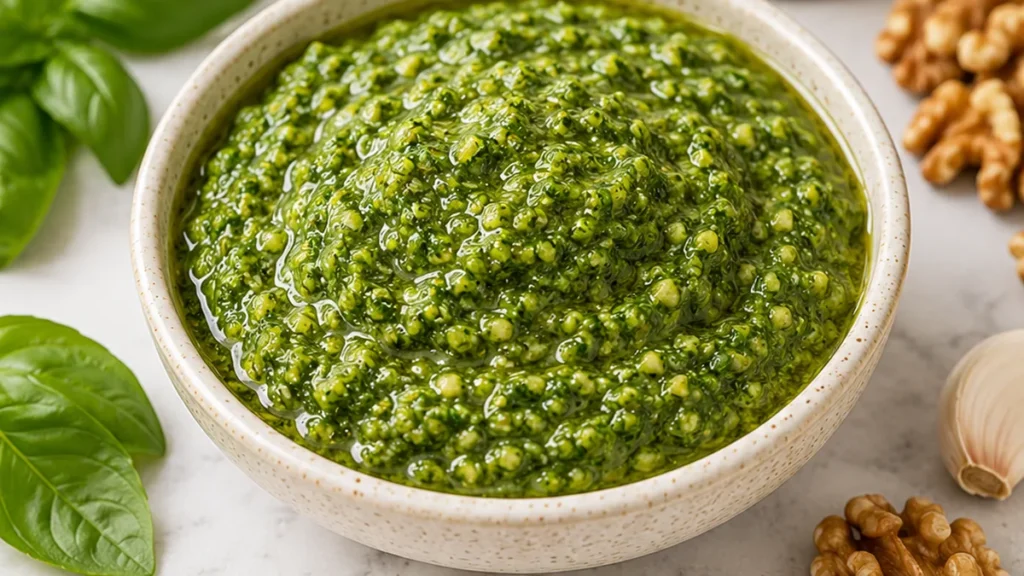 Basil Walnut Pesto: So Fresh & Easy! - basil pesto - Basil pesto: Make this easy homemade recipe in under 10 minutes. Packed with fresh basil and walnuts, it's