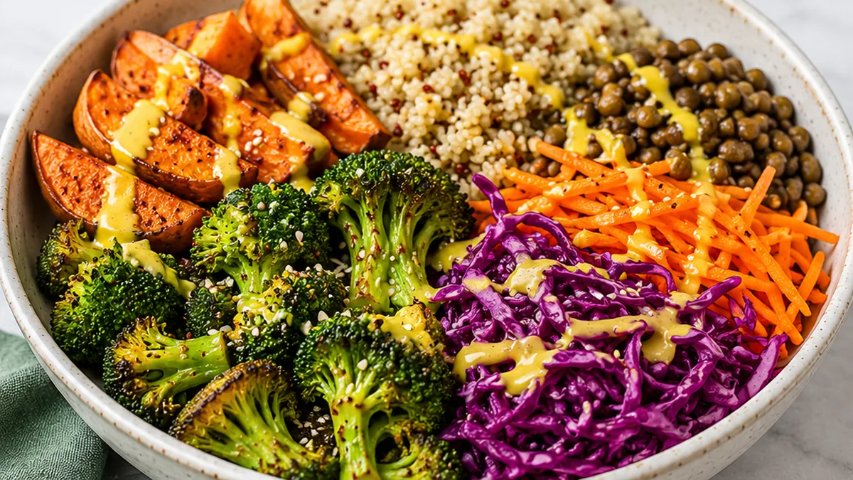 Vibrant Spring Broccoli Buddha Bowl Recipe - Buddha Bowl: Try this vibrant spring recipe packed with roasted veggies, hearty grains, and zesty lemon. A perfect