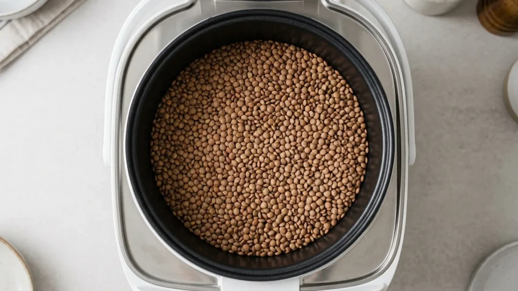 Cooking lentils in rice cooker, beautifully styled overhead food photograph