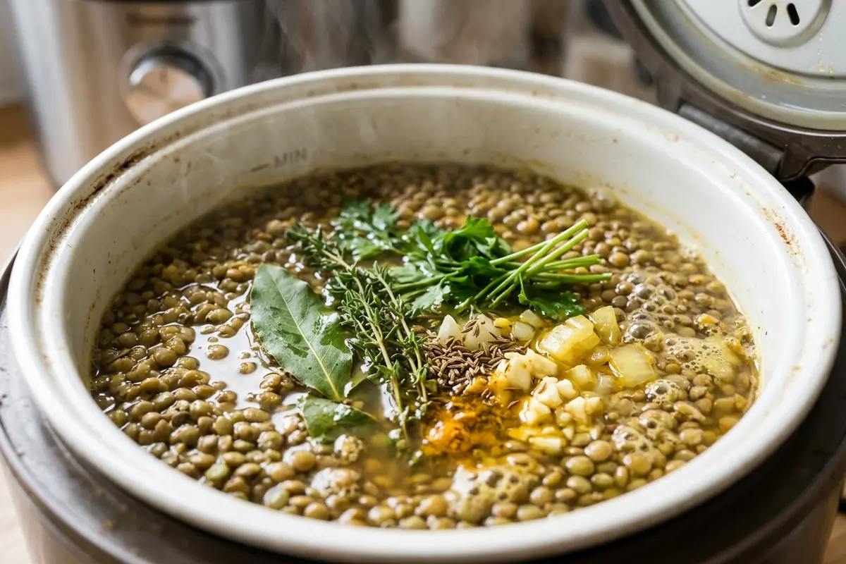 Flavoring lentils as they cook Cooking lentils in rice cooker — Flavoring lentils as they cook