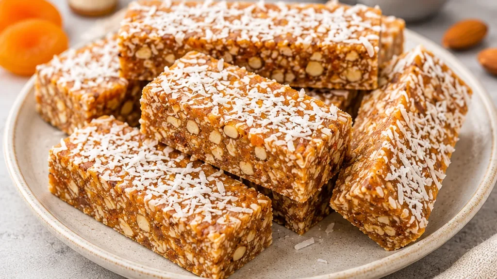 No-Bake Apricot Almond Bars: Healthy Snack! - energy bars - Energy bars: Make these no-bake apricot almond coconut bars in 15 minutes! Simple, healthy, and deli