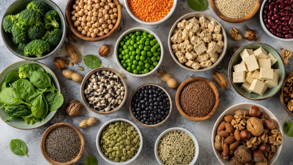 Overhead view of high protein vegan foods