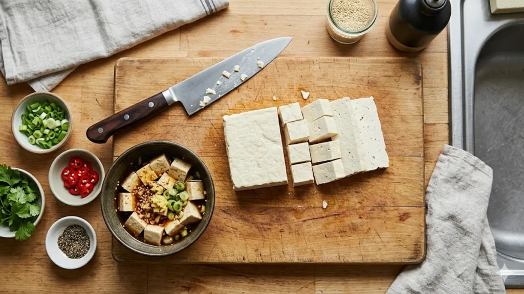 Preparing tofu for cooking, beautifully styled overhead food photograph