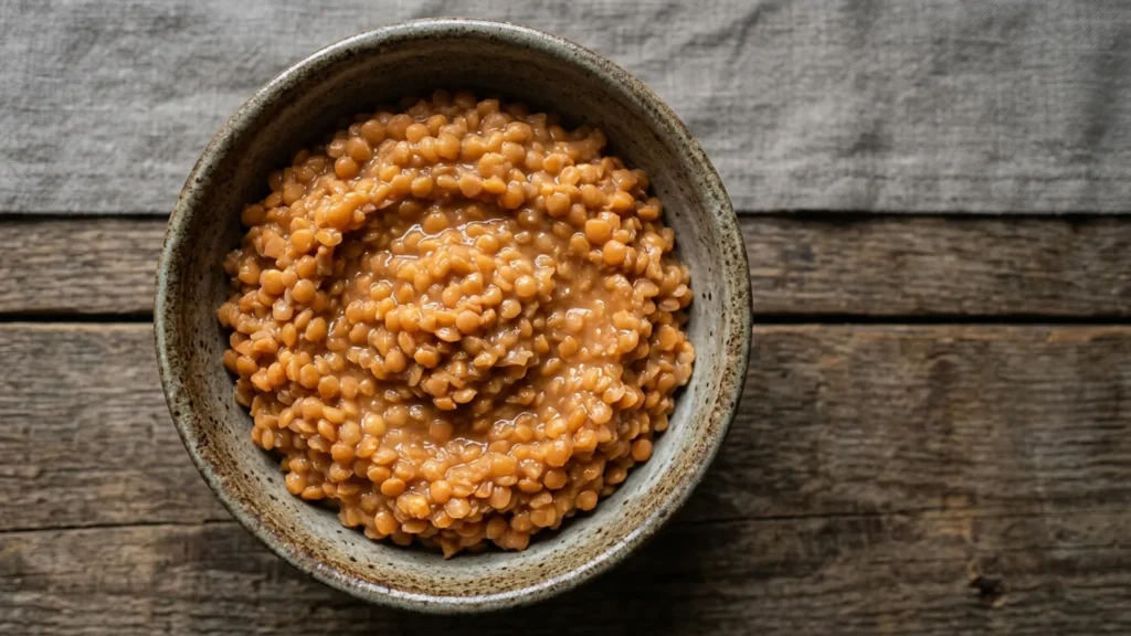 Cooking red lentils, beautifully styled overhead food photograph