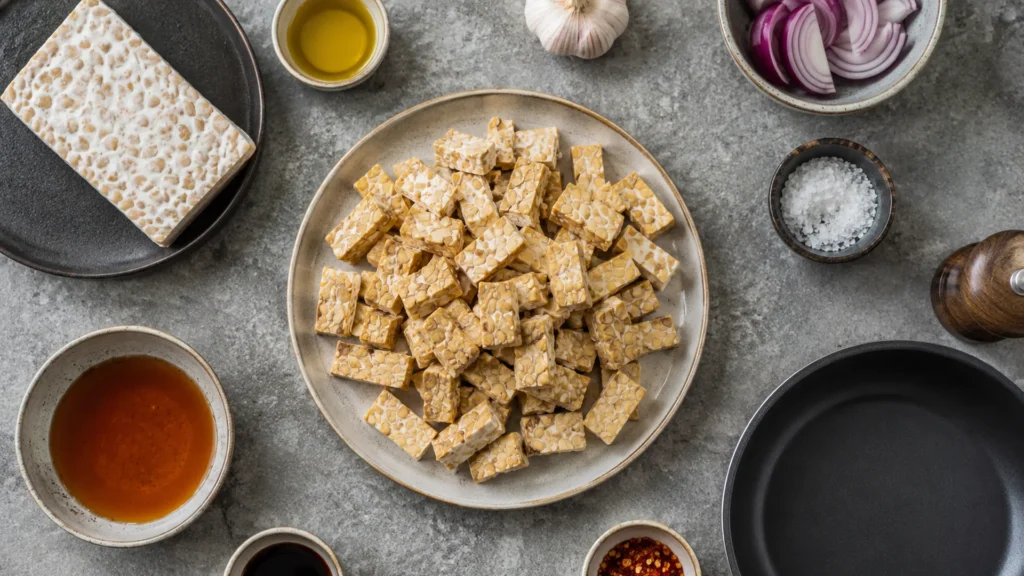 Overhead view of how to cook tempeh