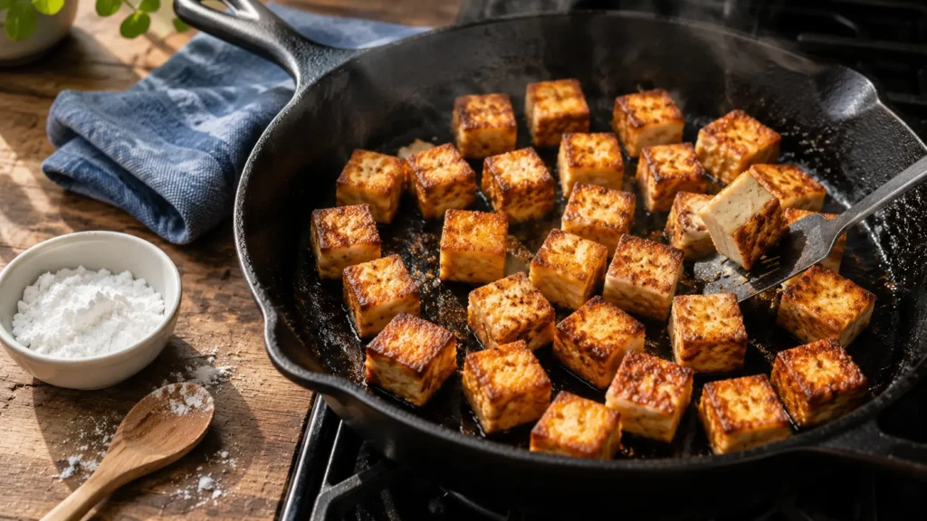 Cast iron skillet on a stovetop with a single layer of golden brown crispy tofu cubes mid flip, beside a small bowl of cornstarch and a wooden spoon on a wood counter.