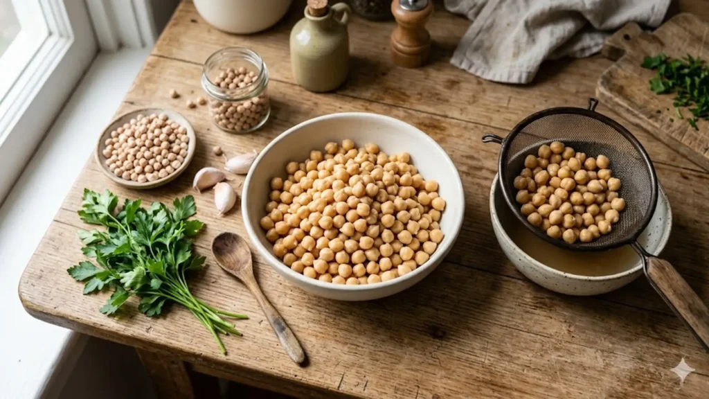 Preparing chickpeas for cooking, beautifully styled overhead food photograph