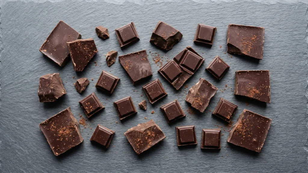 Dark chocolate vegan, beautifully styled overhead food photograph