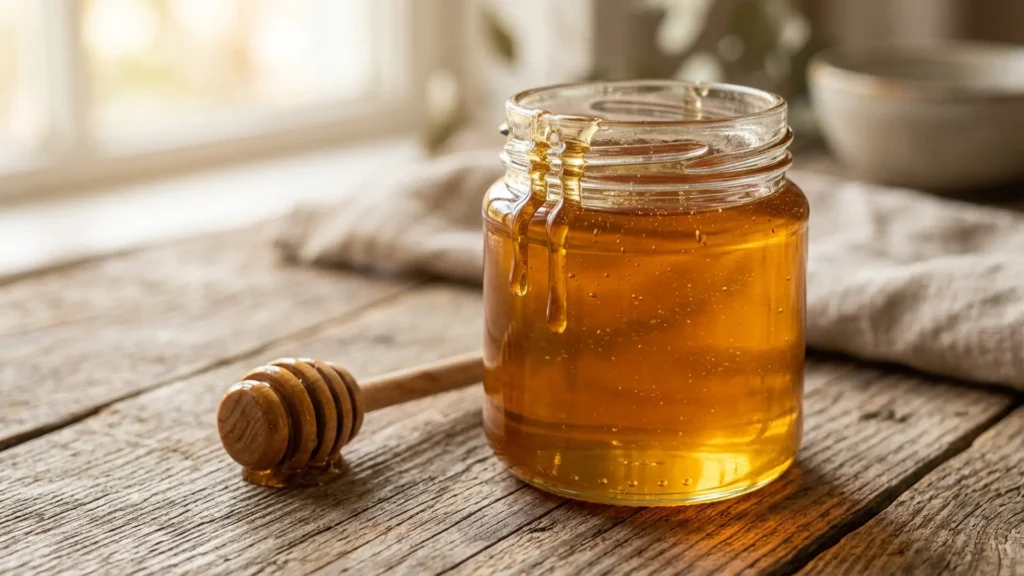 Honey vegan, beautifully styled overhead food photograph