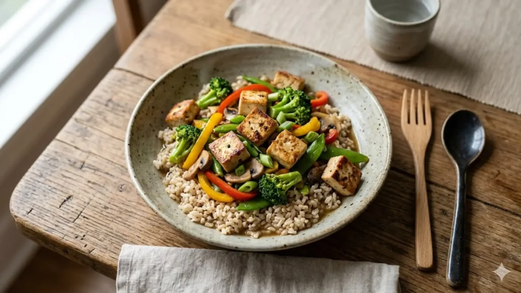 Tofu healthy, beautifully styled overhead food photograph