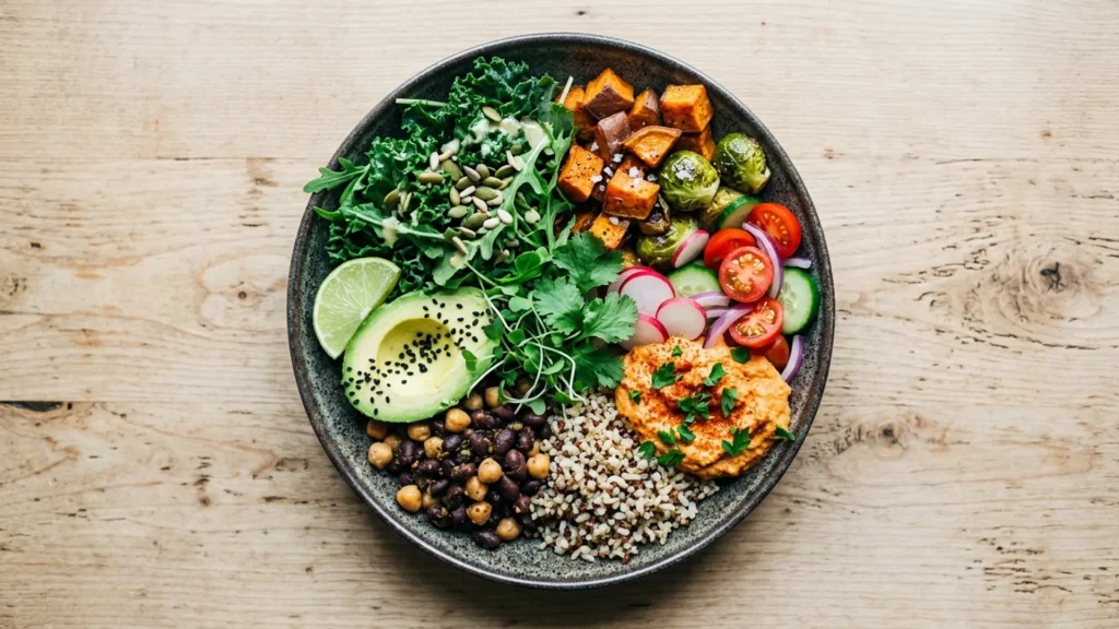 Vegan food gluten free, beautifully styled overhead food photograph