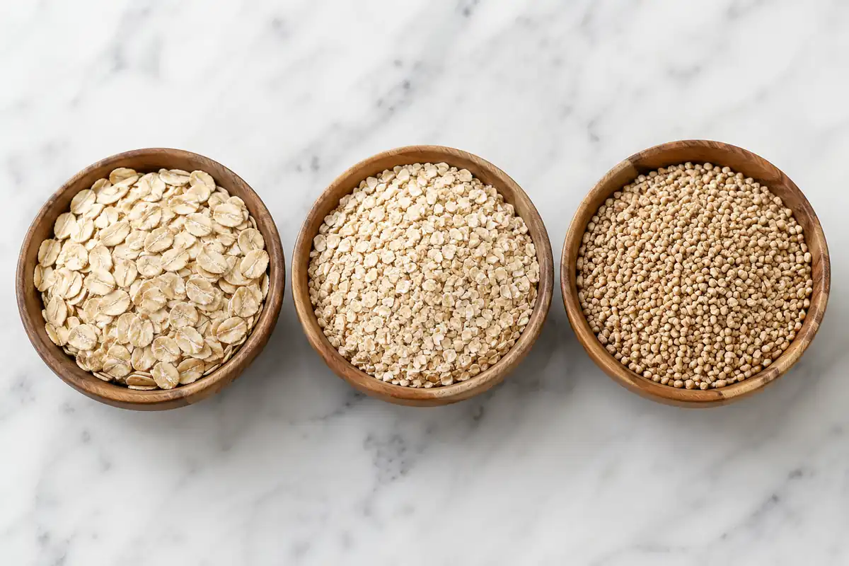 Bowls of rolled oats, quick oats, and steel-cut oats compared side by side