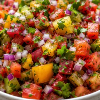Fresh Heirloom Pico de Gallo: Taste the Rainbow! Pico de gallo: whip up this vibrant heirloom tomato salsa in minutes. Perfect for tacos, chips, or grilled dish