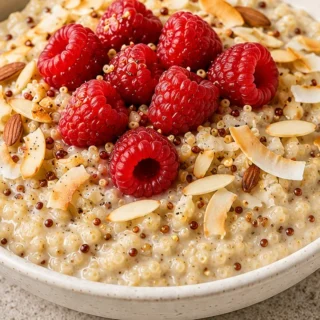 Dreamy Vanilla Bean Coconut Quinoa Pudding! Quinoa pudding: make this creamy, dairy-free dessert in 35 minutes. Vanilla bean coconut flavor with honey raspberri