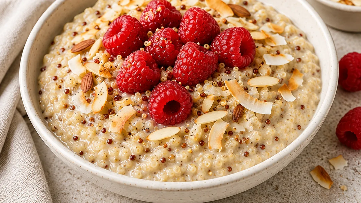 Dreamy Vanilla Bean Coconut Quinoa Pudding! Quinoa pudding: make this creamy, dairy-free dessert in 35 minutes. Vanilla bean coconut flavor with honey raspberri