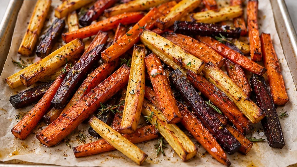 Crispy Root Vegetable Fries - Root vegetable fries: Bake these perfectly crispy and colorful fries in under 30 minutes. A healthy and delicious side dish for an