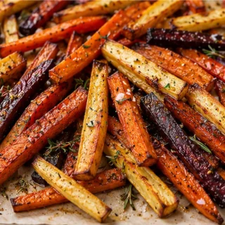 Crispy Root Vegetable Fries - Root vegetable fries: Bake these perfectly crispy and colorful fries in under 30 minutes. A healthy and delicious side dish for an