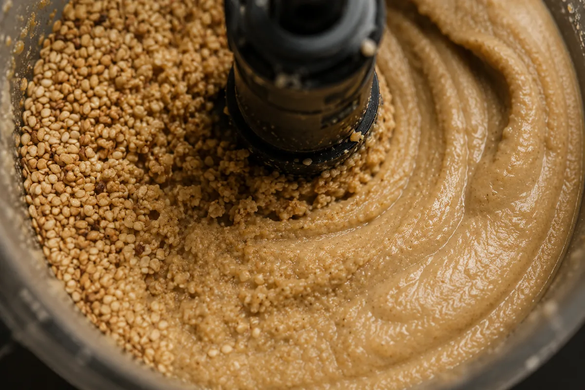 Toasted sesame seeds being ground into smooth creamy tahini paste