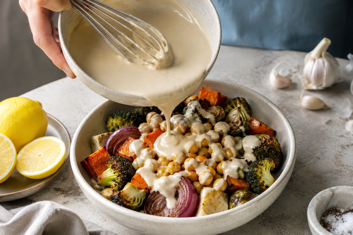 Creamy tahini dressing drizzled over a roasted vegetable bowl