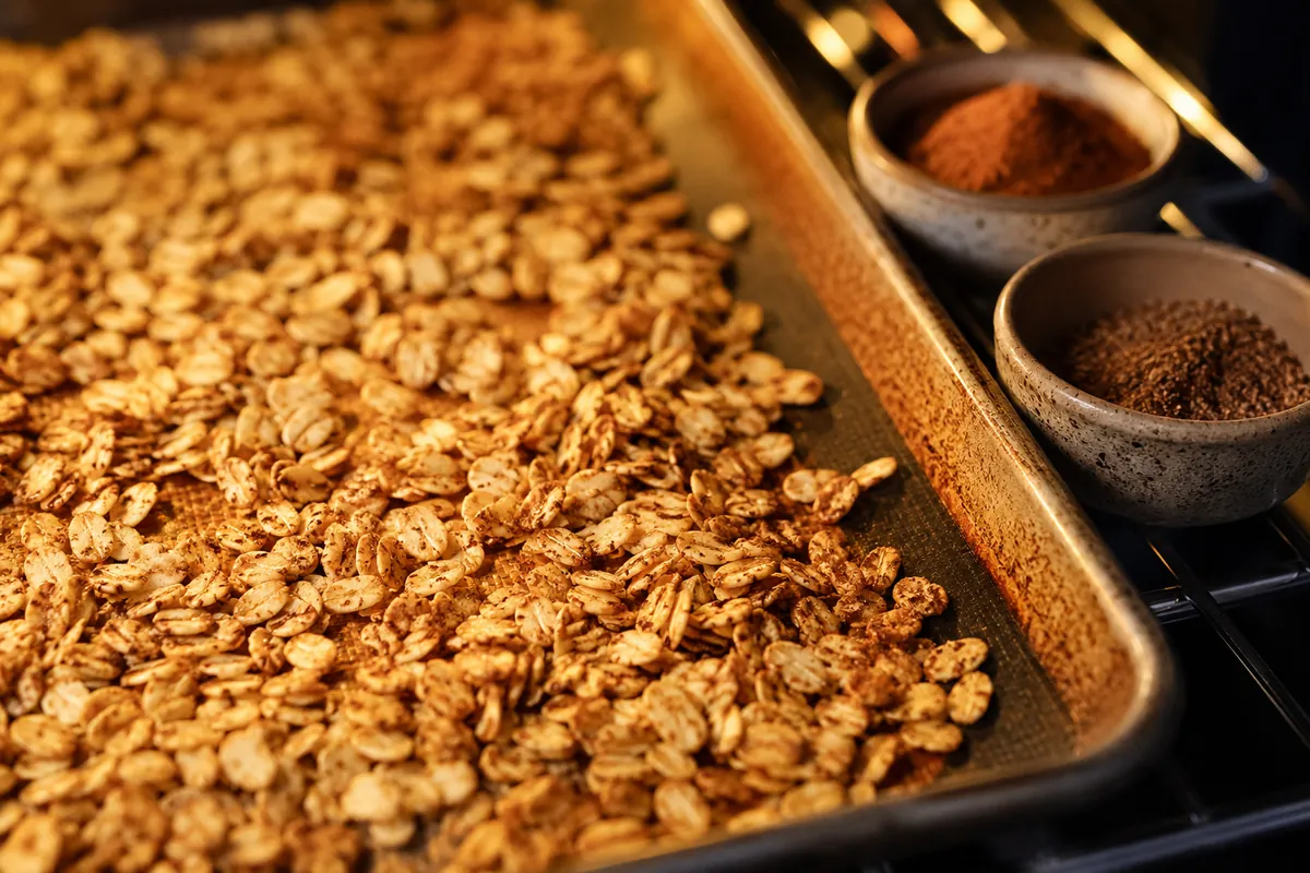 Rolled oats toasting golden on a tray beside cinnamon and nutmeg