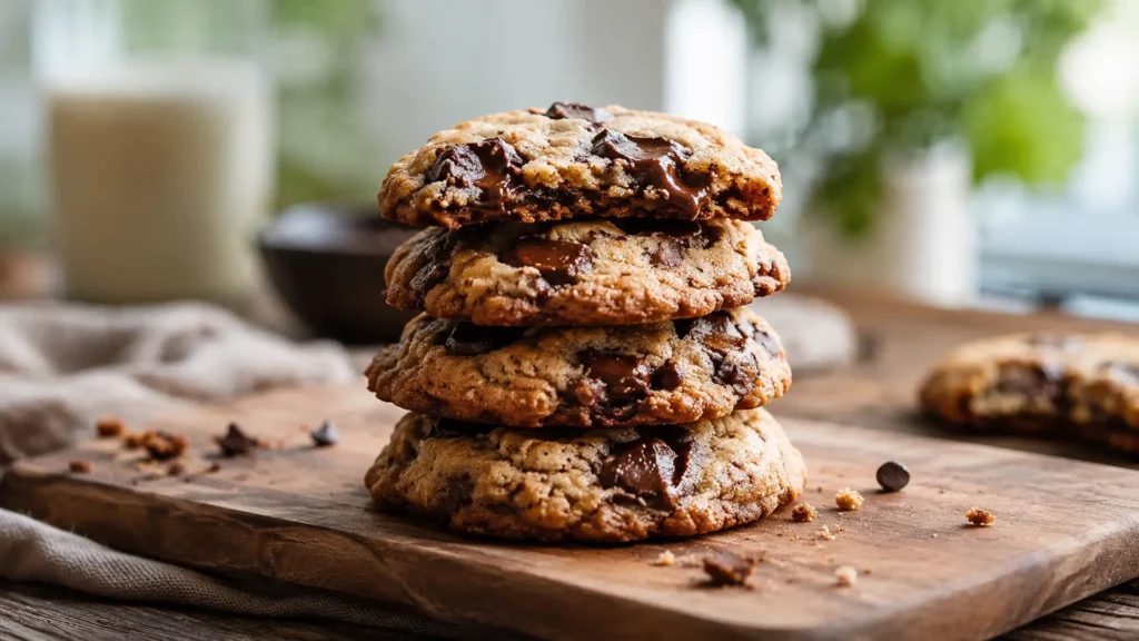 Stack of vegan chocolate chip cookies with melted dark chocolate pools on a wooden board