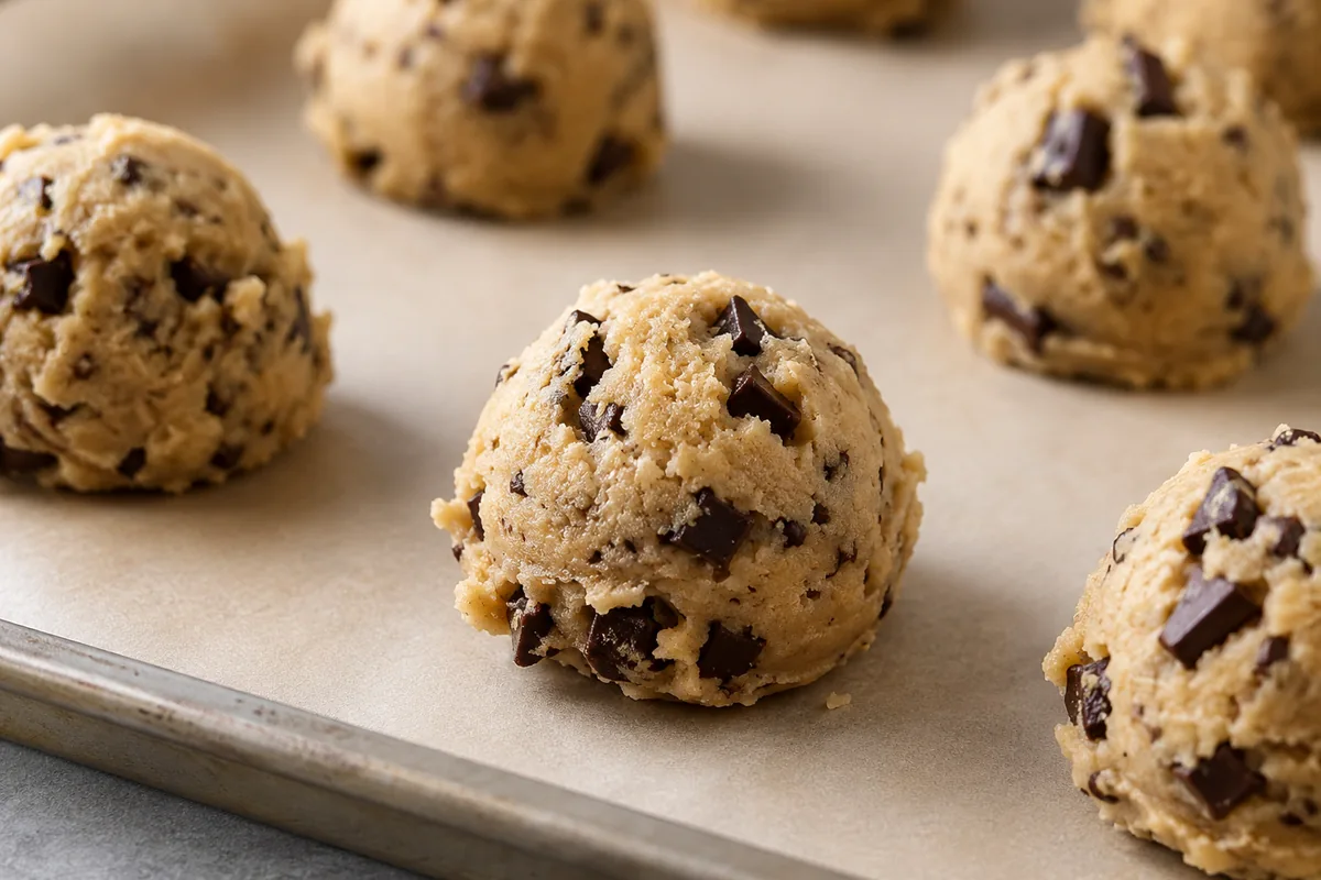 Scooped vegan chocolate chip cookie dough balls on a parchment tray ready to chill