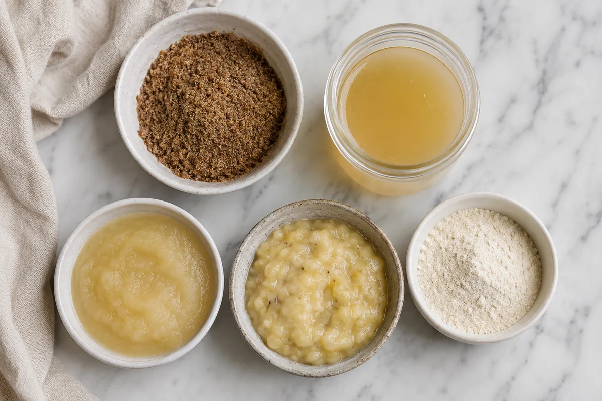 Bowls of flaxseed, aquafaba, applesauce, banana, and egg replacer powder for vegan baking