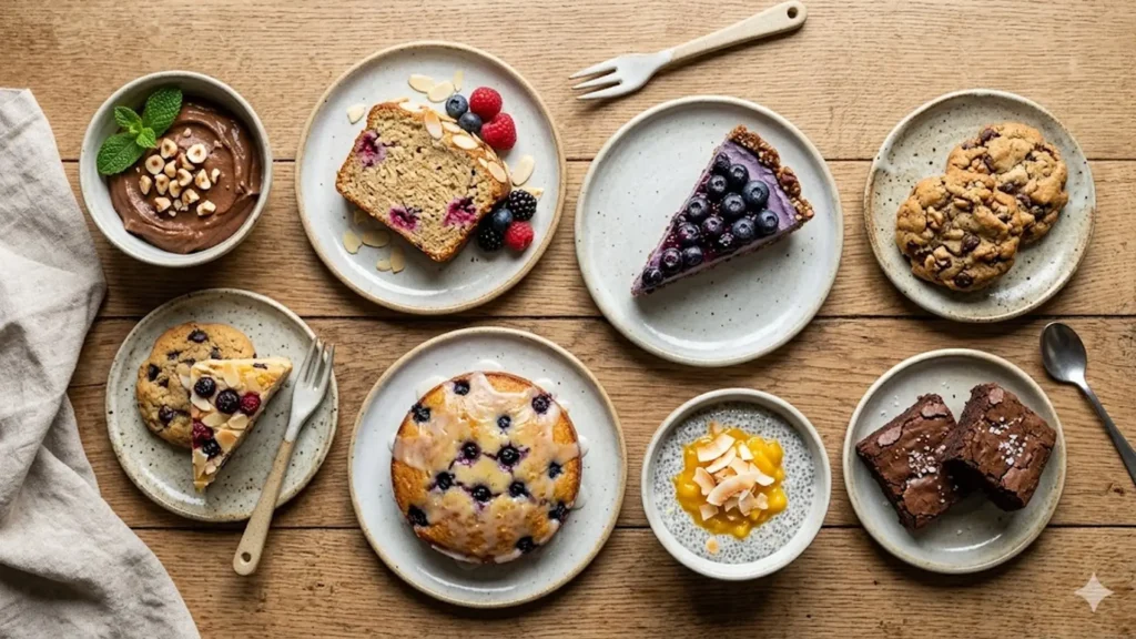 Vegan gluten free desserts, beautifully styled overhead food photograph