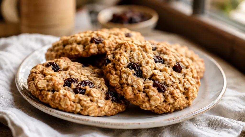 Plate of chewy vegan oatmeal raisin cookies with visible oat flakes