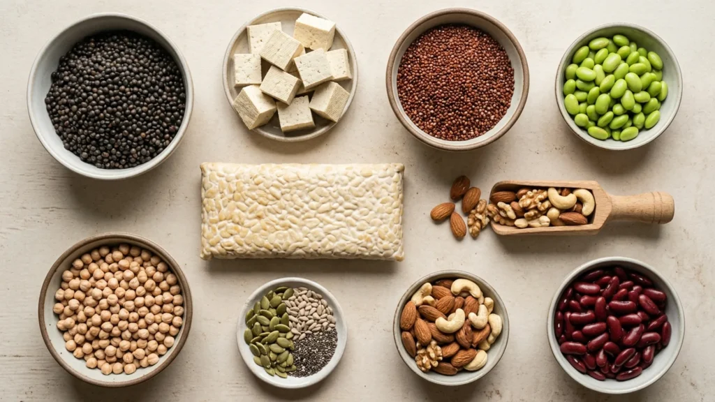 Vegan protein, beautifully styled overhead food photograph