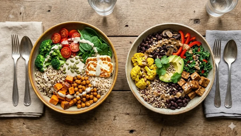 Vegetarian vs vegan, beautifully styled overhead food photograph