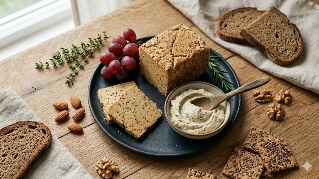 Vegan cheese made of, beautifully styled overhead food photograph