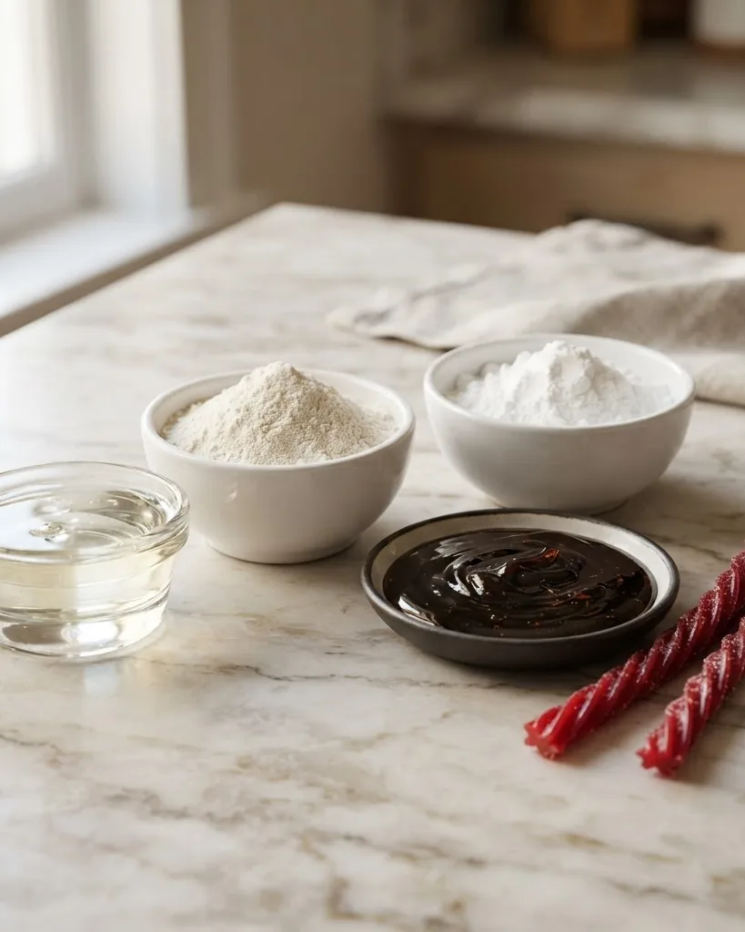 Detail view of the raw ingredients behind Twizzlers: corn syrup, wheat flour, cornstarch, and molasses