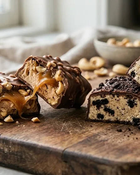 Detail view of taste and texture, honestly: salty caramel versus a candy-bar cookie core