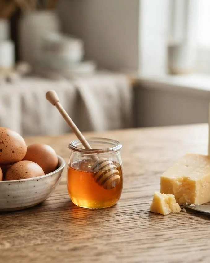 Close-up illustrating the one-line difference: eggs, dairy, honey